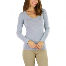 ToBeInStyle Women's Cotton Long Sleeve T-Shirts - V 領 - 希瑟灰色 - 查看 4