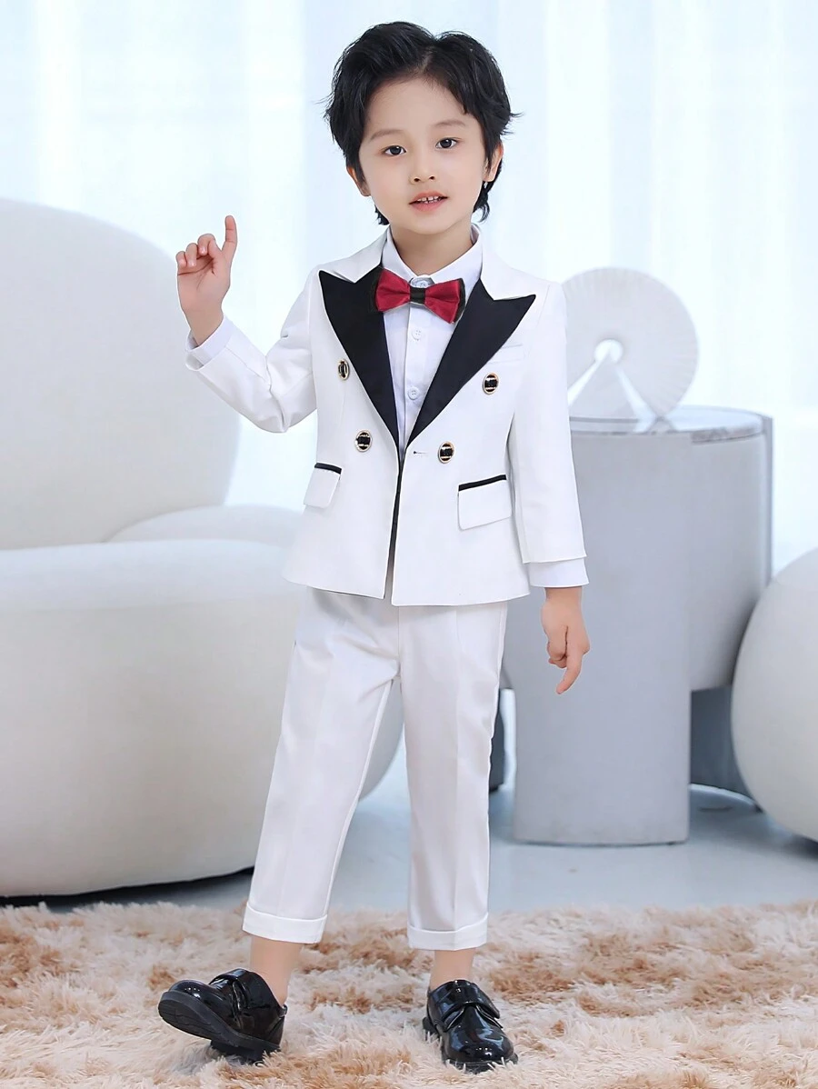 Young Boys 3pcs Suit Set: Blazer + Pants + Necktie, Spring - White - View 1