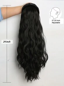 24英寸黑色发带假发，合成长卷发假发，蓬松波浪卷，耐热纤维假发，适合女性日常佩戴 - 黑色 - 查看 7