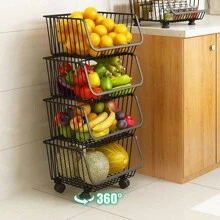 LIVINGANDHOME Living And Home 3/4/5 Layer Kitchen Organizer Shelf, Rolling Wire Basket Trolley, Stackable Metal Rack For Effortless Fruit And Vegetable Storage - 黑色 - 查看 5