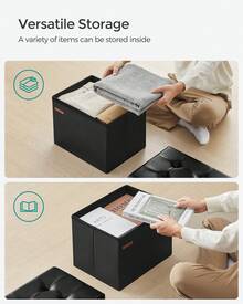 SONGMICS Small Folding Storage Ottoman, Foot Rest Stool, Cube Footrest, Synthetic Leather, 12.2 X 16.1 X 12.2 Inches, 286 Lb Capacity, For Living Room, Bedroom, Dorm - màu đen - Xem 3