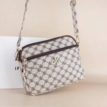 2024新款女包，印花图案相机包，妈妈单肩包，时尚简约斜挎包，多层零钱包，休闲时尚手机包，可爱小方包配肩带，PU皮拉链大容量，百搭图案贝壳包，日常使用 - 米色 - 查看 9