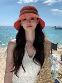 波西米亞風格1入女款高爾文字母編織漏斗帽，防紫外線，適合戶外活動、旅遊、度假和沙灘，男女適用，適合春夏日常配戴，附蝴蝶結 - 拼色 - 查看 19