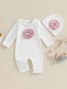 Baby Mädchen Kleidung Set mit langem Arm, 3D Blume, einfarbiger Romper & Mütze, Rundhals Outfit