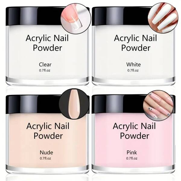 Acrylic Nail Powder Set, 4 Colors Clear Nude Pinkish White Acrylic Pastel Colored Acrylic Nail Powder For Acrylic Nail Extension Engraving, No Need Nail Lamp Cured DIY Nail Charms Nail Gems Nail Supplies