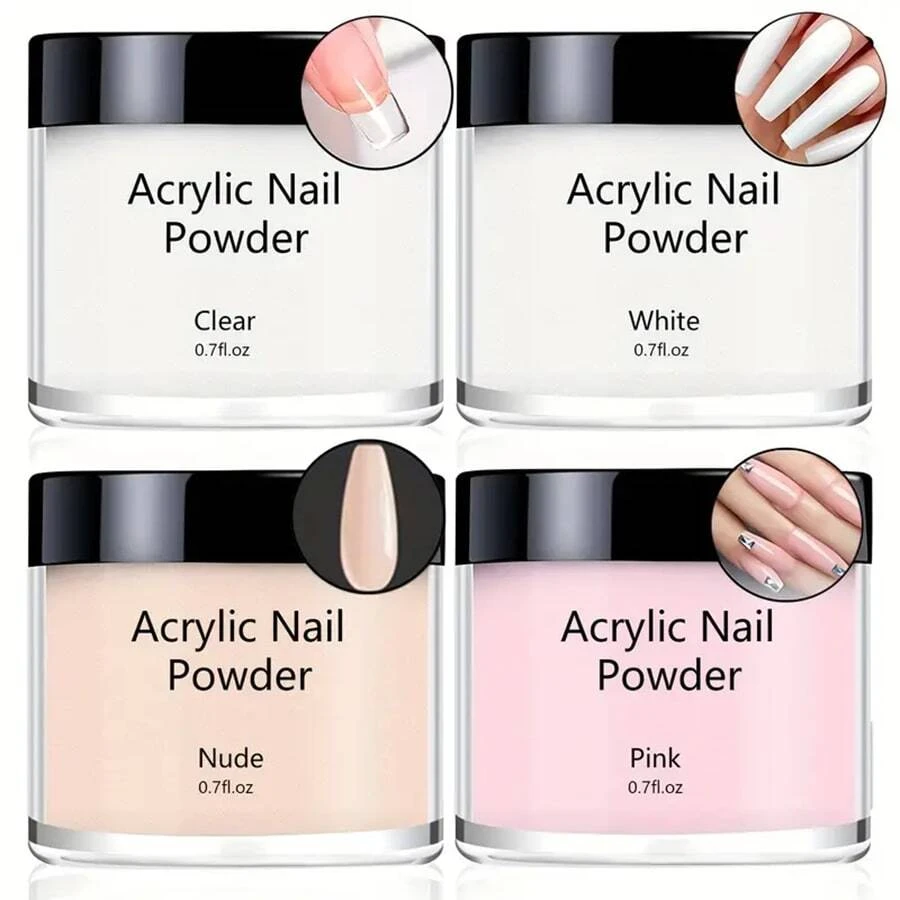 Acrylic Nail Powder Set, 4 Colors Clear Nude Pinkish White Acrylic Pastel Colored Acrylic Nail Powder For Acrylic Nail Extension Engraving, No Need Nail Lamp Cured DIY Nail Charms Nail Gems Nail Supplies Acrylic Press On Nails