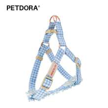 蕾絲格紋寵物胸後背帶，適用於西施犬和泰迪狗狗遛狗，適用於貓狗 - 藍色 - 查看 1