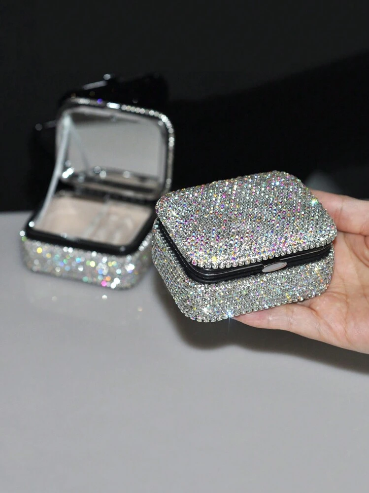 1pc Mini Luxury Bling Bling Crystal Studded Jewelry Box With Mirror Portable Storage Case For Rings Earrings Necklaces Etc. SHEIN