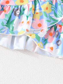 2 件套年轻女孩可爱夏季新款甜美度假风格花卉印花不对称下摆吊带背心上衣和裙子套装 - 彩色 - 查看 7
