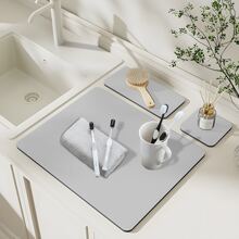 3pcs/Set Solid Color Silicone Diatomite Splash-Proof Pad For Home Kitchen, Coffee Machine, With Velvet & Rubber Material, Large Pad+Single Cup Pad+Double Cup Pad, 40*50cm+14*14cm+14*30cm - Khaki - View 4