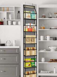 1个160厘米6格可折叠悬挂式收纳袋，适合存放零食、玩具、衣物，灰色，带2个挂钩，可悬挂在厨房/浴室墙壁/橱柜/门上。