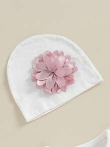 Baby Mädchen Kleidung Set mit langem Arm, 3D Blume, einfarbiger Romper & Mütze, Rundhals Outfit