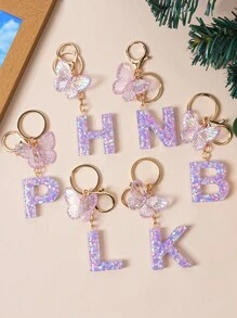 1pc Creative Keychain With Letter Stones, Resin Pendant, Butterfly Tassel Charm For Girls