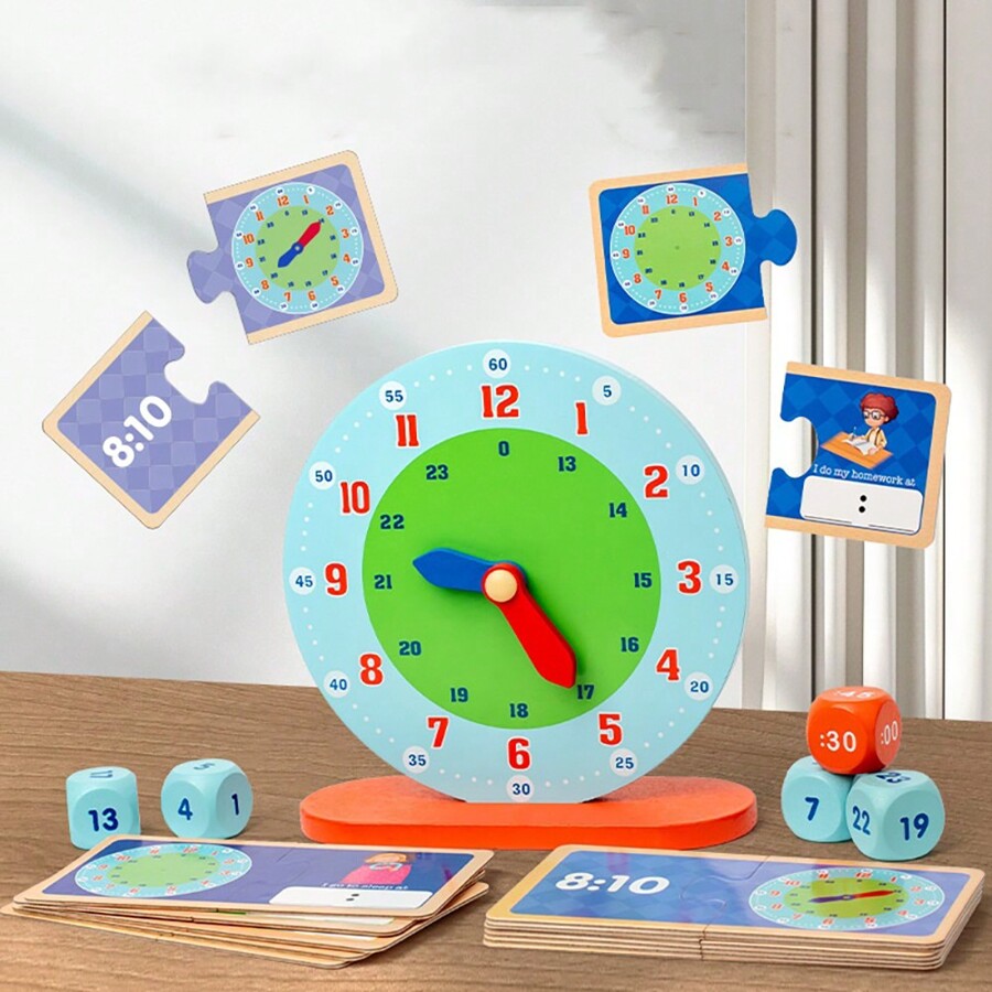 Wooden Learning Clock Time Activity Set Kit For Teaching Clocks And