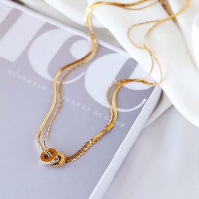 不鏽鋼防水鍍金和鑽石裝飾可旋轉雙層項鍊,適用於女士日常穿著