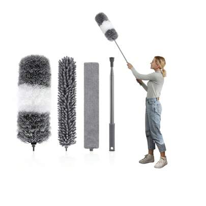 4pcs/1set, Ultra Fine Fiber Dust Collector Cleaning Kit, With Extension Rod, Retractable And Flexible Dust Collector, Used To Clean Ceiling Fans, High Ceilings, Louvers, Furniture, Air Conditioning, Car Surfaces, Can Clean Light Dust Collectors, Gray,Kitchen,Bathroom,Home,Household Suppliers