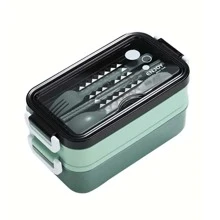 1pc Plastic Double-Layer Lunch Box With Cutlery Microwave Oven Bento Box Leakproof Food Container For Classroom For Camping And Picnic Home Kitchen Supplies ,Kitchen,Christmas Gift,School Supplies