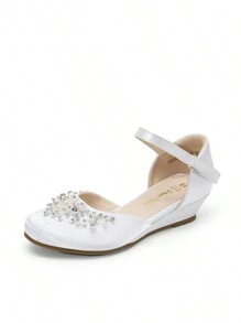 Girls Dress Shoes Toddler Little Big Girls Heels Low Wedge Pumps Hook-And-Loop Straps With Pearls Rhinestone For Flower Girl Princess Wedding Party,The Low Wedge Heel Is Set On A Slip-Resistant Outsole That Allows For Greater Stability And Balance. - trắng - Xem 3
