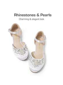 Girls Dress Shoes Toddler Little Big Girls Heels Low Wedge Pumps Hook-And-Loop Straps With Pearls Rhinestone For Flower Girl Princess Wedding Party,The Low Wedge Heel Is Set On A Slip-Resistant Outsole That Allows For Greater Stability And Balance. - trắng - Xem 5