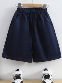 1 pieza Short casual de color azul marino para niño preadolescente para el verano - Azul Marino - Ver 1