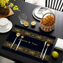 1pc Custom Text Insulated Placemat, Single-Sided Printed Linen With Gold Pattern, Suitable For Table Decoration, Housewarming Gift, Festival Gift - Gold - View 2