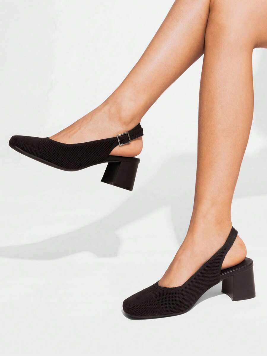 Women's Square Toe Chunky Heels Pumps Comfortable Slingback Knitted Closed Toe Fashionable Elegant Holiday Work Dress Shoes - 黑色 - 查看 1