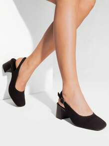 Women's Square Toe Chunky Heels Pumps Comfortable Slingback Knitted Closed Toe Fashionable Elegant Holiday Work Dress Shoes - 黑色 - 查看 3
