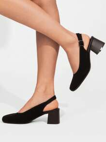 Women's Square Toe Chunky Heels Pumps Comfortable Slingback Knitted Closed Toe Fashionable Elegant Holiday Work Dress Shoes - 黑色 - 查看 4