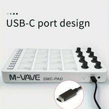 M-Vave Wireless Midi Controller With Built-In Battery, Perfectly Compatible With Mainstream Digital Audio Workstations (Daw), Backlit Silicone Button Design, Silent Pressing And Responsive, 2 Sets Of 8 360-Degree Rotating Encoders, 2 Sets Of 16 Rgb Backlit Drum Pads, Dynamic Sensing And Touch Feedback, 3.5mm Midi Output Interface, Built-In Note Repeat Function - White - View 5