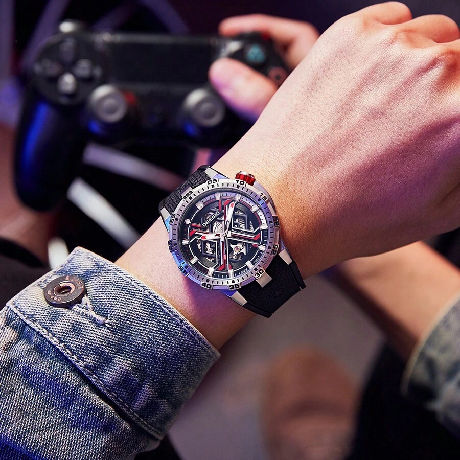 New Arrival Men's Hollow Out Mechanical Watch With Rubber Strap, Stylish Gift For Men - Blue - View 1