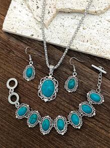 1 Conjunto De Pendientes Decorativos Geométricos De Estilo Bohemio Retro De Moda Con Patrón Turquesa, 2 Pulseras Y 1 Collar Para Mujeres Y Niñas, Perfecto Para Citas, Fiestas, Vacaciones Y Uso Diario.