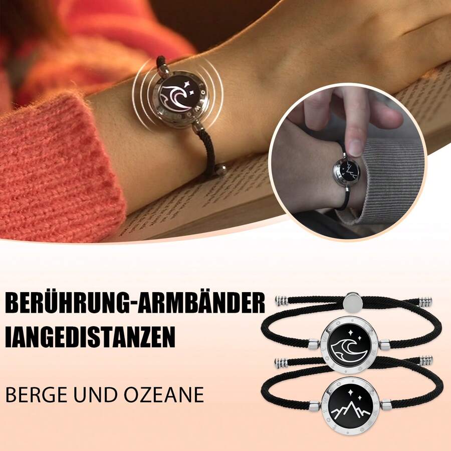 totwoo Pulseras de Pareja Regalos de Pareja Pulsera de Amor para Relaciones a Larga Distancia Vibración y Luz al Tocar Pulseras de Pareja, Emparejamiento Bluetooth para Amantes Joyas, Montaña y Mar - Plata y plata - Ver 1