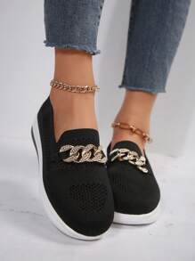 Zapatos Planos Decorados Con Cadena Y Parte Superior De Punto Transpirable Con Agujeros, Para Caminar Al Aire Libre, Zapatillas Deportivas Casuales Ligeras Y Transpirables - Negro - Ver 2