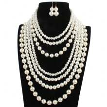 Fashionable Faux Pearl Beaded Multi-Layer Sweater Necklace And Earrings Set - White - View 3