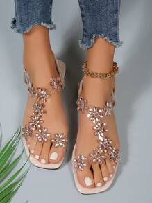 夏季蝴蝶結與鑽石點綴的典雅平底或高跟露趾涼鞋/拖鞋，適用於婚禮或晚宴 - 米色 - 查看 3