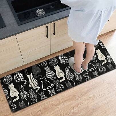 1入時尚貓印花廚房墊，簡約風格小地毯，防滑、防污長毛地毯，適用於水槽洗衣房辦公室家居裝飾，春季裝飾房間配件禮物，房間裝飾