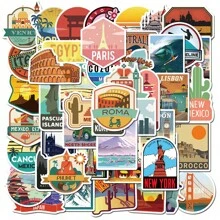 50pcs City Landmark Stickers, Cute Aesthetic Graffiti Stickers, Suitable For Water Bottles, Laptops, Phones, Skateboards, Guitars, Luggage, Scrapbooks, Helmets, Party Decorations, Gift - Apricot - View 1