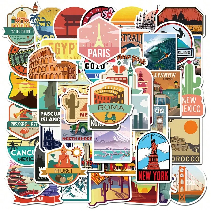 50pcs City Landmark Stickers, Cute Aesthetic Graffiti Stickers, Suitable For Water Bottles, Laptops, Phones, Skateboards, Guitars, Luggage, Scrapbooks, Helmets, Party Decorations, Gift - Apricot - View 1