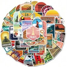 50pcs City Landmark Stickers, Cute Aesthetic Graffiti Stickers, Suitable For Water Bottles, Laptops, Phones, Skateboards, Guitars, Luggage, Scrapbooks, Helmets, Party Decorations, Gift - Apricot - View 3