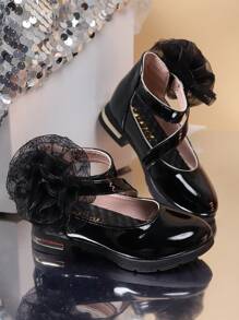 1 Paar Mädchen-pu-leder, Glänzende Oberfläche, Spitze, Blumendekoration, Modische, Vielseitige, Flache Schuhe Im Prinzessinnen-stil Für Frühling, Sommer, Herbst