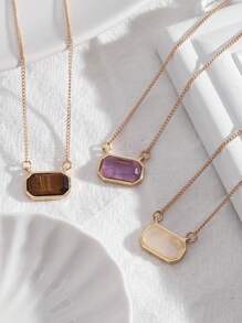 1pc Fashionable Candy-Colored Natural Stone Rectangle-Shaped Simple Short Necklace, Daily Wear - Gold - View 10