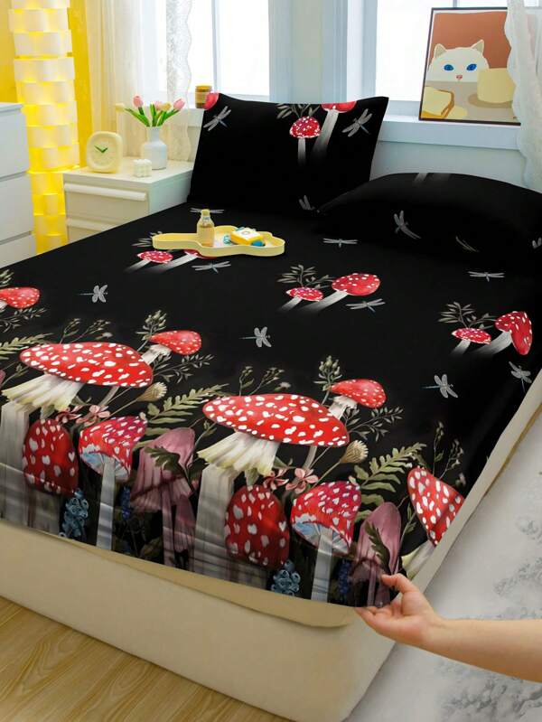 1pc Red Mushroom Girl Pattern Printed Flannel Fitted Sheet, Bedroom Printed Bed Cover, Bed Linen (Pillowcase Not Included)