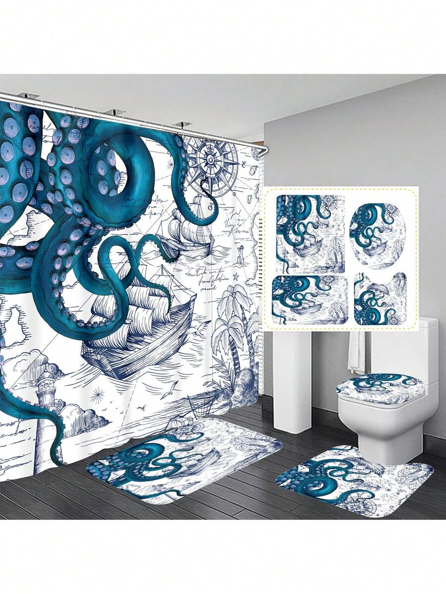 1pc/4pcs Waterproof Octopus Tentacles Nautical Map Decor Multi-Functional Bathroom Shower Curtain With 12 Hooks, Anti-Slip Bath Mat, U Shaped And Round Toilet Cover Set, Suitable For All Scene Use - Blue - View 1