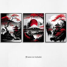 3入組無框日本風景山脈紅黑櫻花畫布海報，防水現代藝術牆上畫，適用於禮品、臥室、客廳、辦公室、浴室、餐廳、咖啡廳、酒吧、壁飾、家居和辦公室裝飾 - 黑紅色 - 查看 2
