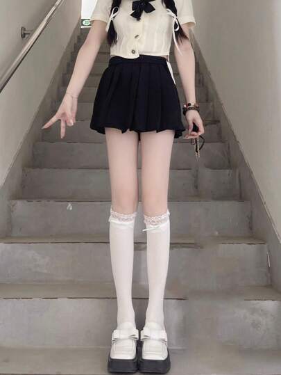 1 Pair Women's Velvet Lolita Lace Trim Knee High Socks, Sweet & Cute Japanese Style, Spring/Summer