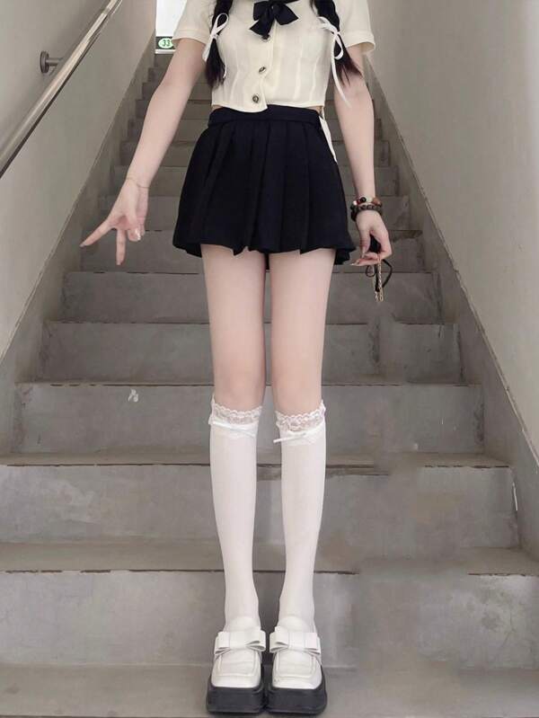 1 Pair Ladies' Spring Summer Velvet White Lace Trim Knee High Socks With Bowknot, E-Girl