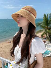 波西米亞風格1入女款高爾文字母編織漏斗帽，防紫外線，適合戶外活動、旅遊、度假和沙灘，男女適用，適合春夏日常配戴，附蝴蝶結 - 拼色 - 查看 14