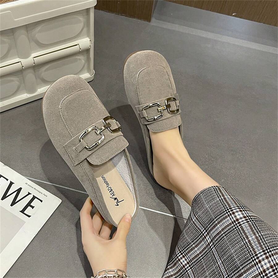 2024春夏季女鞋新款平底馬靴，法式休閒方頭拖鞋 - 駝色 - 查看 1