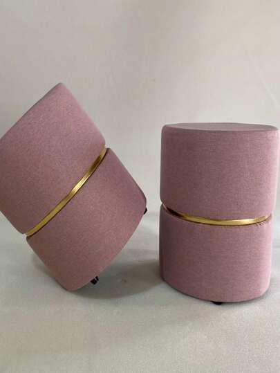 Kit 2 Puff Tecido Linho Rosa Com Dourado