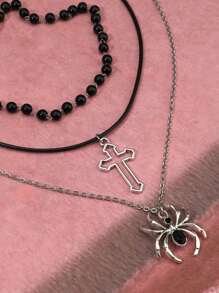 3入組復古哥德式黑色仿珍珠和鑽石裝飾的蜘蛛和項鍊珠寶套裝,適用於女性